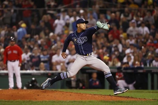 Luis Patino of the Tampa Bay Rays pitches in the sixth inning against the Boston Red Sox during Game 4 of the American League Division Series at...