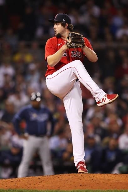 Josh Taylor of the Boston Red Sox pitches in the seventh inning against the Tampa Bay Rays during Game 4 of the American League Division Series at...