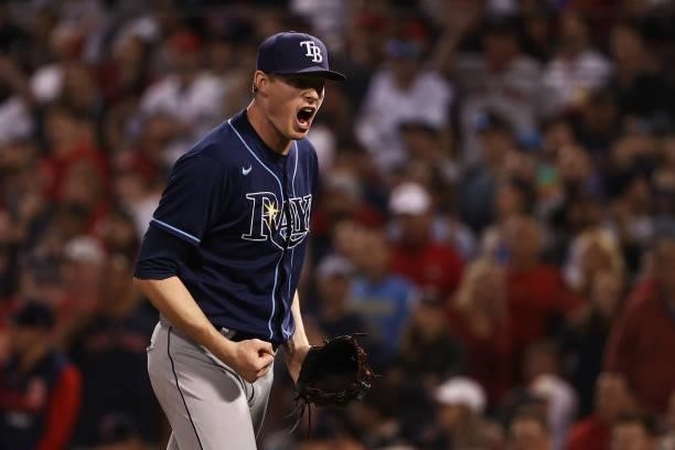 Pete Fairbanks of the Tampa Bay Rays reacts at the end of the in the seventh inning during Game 4 of the American League Division Series at Fenway...