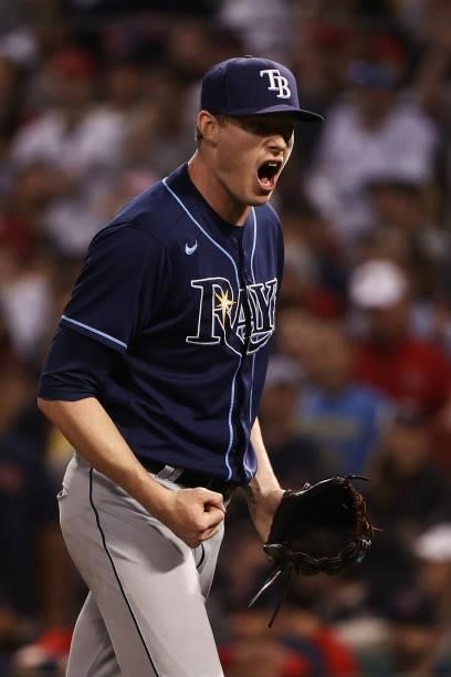 Pete Fairbanks of the Tampa Bay Rays reacts to a double play at the end of the seventh inning against the Boston Red Sox during Game 4 of the...