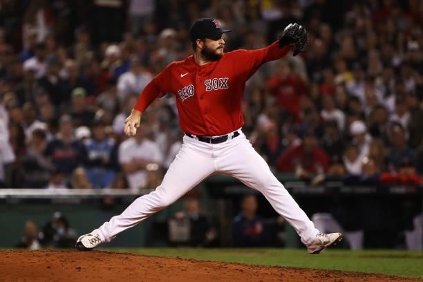 Ryan Brasier of the Boston Red Sox pitches in the eighth inning against the Tampa Bay Rays during Game 4 of the American League Division Series at...
