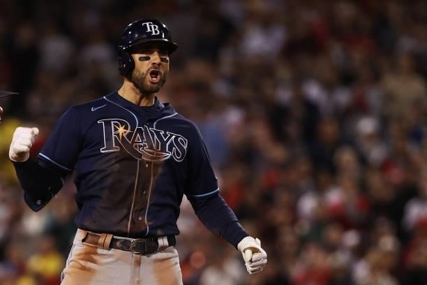 Kevin Kiermaier of the Tampa Bay Rays reacts to his RBI double in the eighth inning against the Boston Red Sox during Game 4 of the American League...