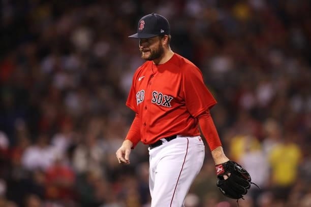 Ryan Brasier of the Boston Red Sox reacts in the eighth inning against the Tampa Bay Rays during Game 4 of the American League Division Series at...