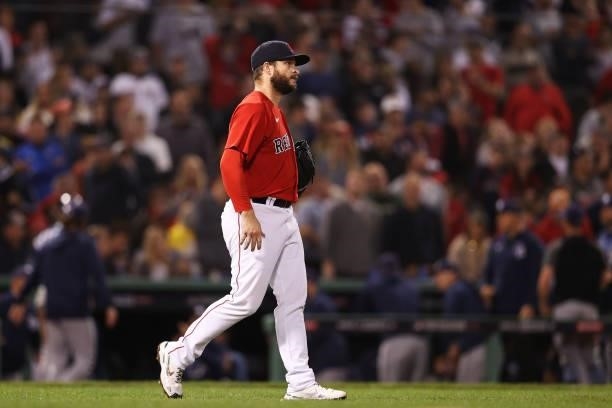 Ryan Brasier of the Boston Red Sox reacts in the eighth inning against the Tampa Bay Rays during Game 4 of the American League Division Series at...