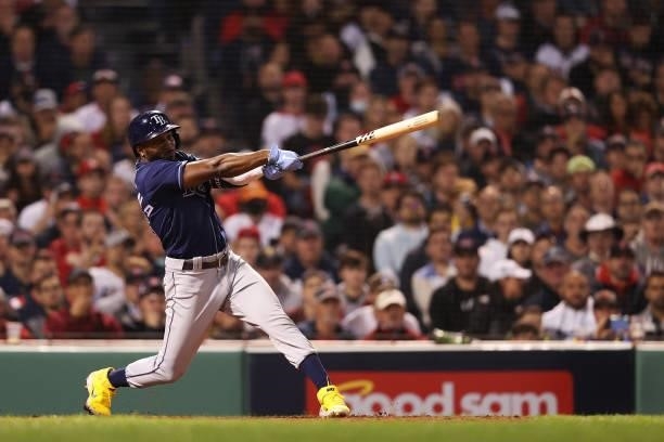 Randy Arozarena of the Tampa Bay Rays hits a RBI double in the eighth inning against the Boston Red Sox during Game 4 of the American League Division...