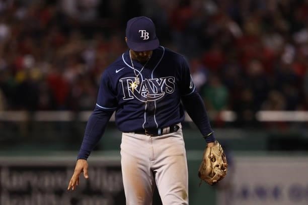 Wander Franco of the Tampa Bay Rays reacts to his throwing error in the eighth inning against the Boston Red Sox during Game 4 of the American League...