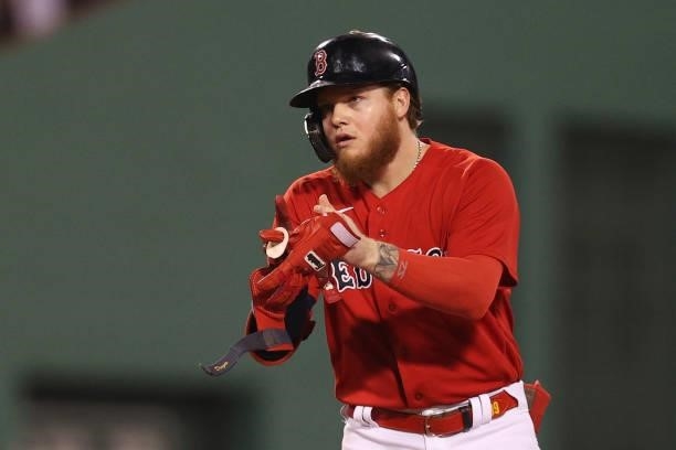 Alex Verdugo of the Boston Red Sox celebrates his double in the eighth inning against the Tampa Bay Rays during Game 4 of the American League...