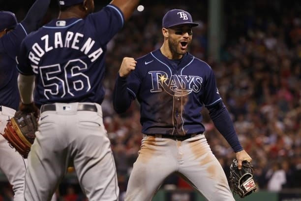 Kevin Kiermaier of the Tampa Bay Rays reacts after Alex Verdugo of the Boston Red Sox was called out at third in the eighth inning during Game 4 of...