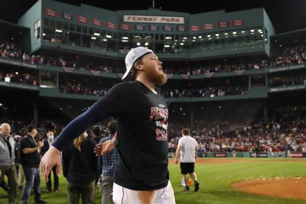 Alex Verdugo of the Boston Red Sox celebrates their 6 to 5 win over the Tampa Bay Rays during Game 4 of the American League Division Series at Fenway...