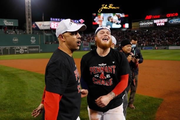 Alex Cora and Alex Verdugo of the Boston Red Sox of the Boston Red Sox celebrate their 6 to 5 win over the Tampa Bay Rays during Game 4 of the...