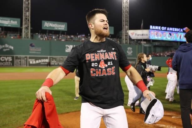 Christian Arroyo of the Boston Red Sox celebrates their 6 to 5 win over the Tampa Bay Rays during Game 4 of the American League Division Series at...