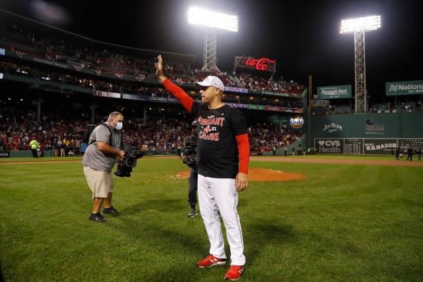Alex Cora of the Boston Red Sox celebrates their 6 to 5 win over the Tampa Bay Rays during Game 4 of the American League Division Series at Fenway...