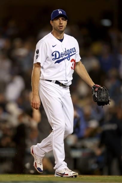 Max Scherzer of the Los Angeles Dodgers reacts after the third out against the San Francisco Giants during the fifth inning in game 3 of the National...