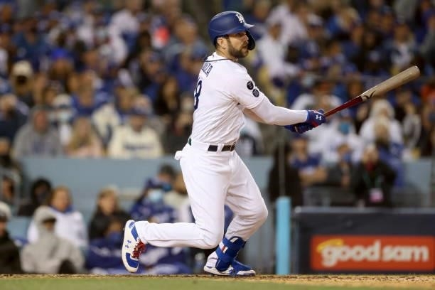 Steven Souza Jr. #18 of the Los Angeles Dodgers hits a single against the San Francisco Giants during the seventh inning in game 3 of the National...
