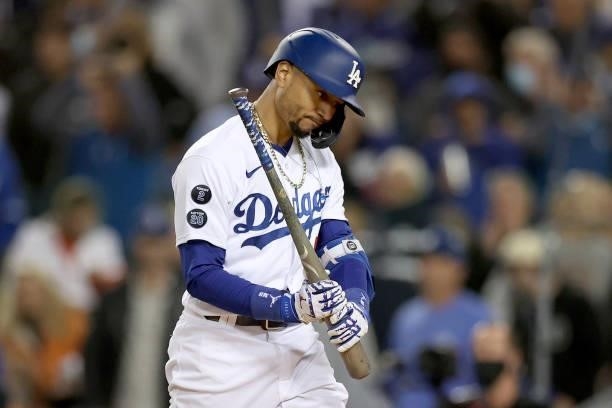 Mookie Betts of the Los Angeles Dodgers reacts after a line out against the San Francisco Giants during the seventh inning in game 3 of the National...