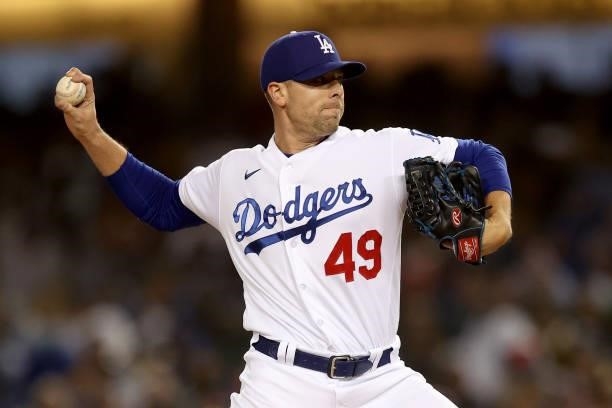 Blake Treinen of the Los Angeles Dodgers pitches against the San Francisco Giants during the eighth inning in game 3 of the National League Division...