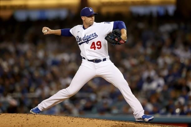 Blake Treinen of the Los Angeles Dodgers pitches against the San Francisco Giants during the eighth inning in game 3 of the National League Division...