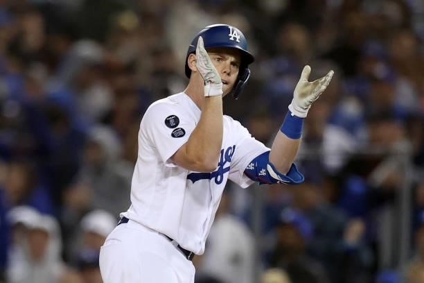 Will Smith of the Los Angeles Dodgers reacts after his single against the San Francisco Giants during the seventh inning in game 3 of the National...