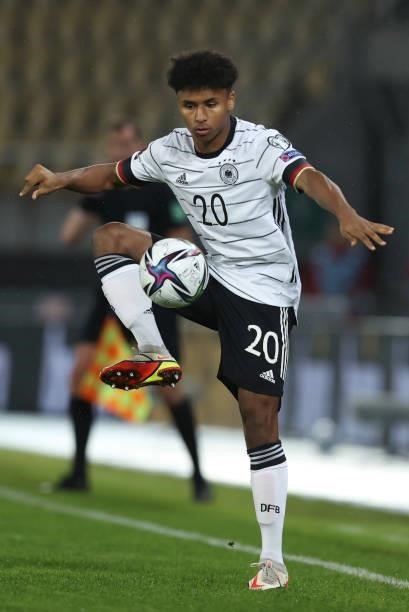 Karim Adeyemi of Germany controls the ball during the 2022 FIFA World Cup Qualifier match between North Macedonia and Germany at National Arena Todor...
