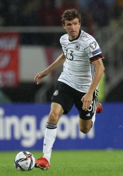Thomas Mueller of Germany controls the ball during the 2022 FIFA World Cup Qualifier match between North Macedonia and Germany at National Arena...