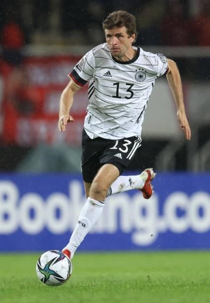 Thomas Mueller of Germany controls the ball during the 2022 FIFA World Cup Qualifier match between North Macedonia and Germany at National Arena...