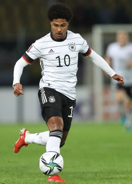 Serge Gnabry of Germany controls the ball during the 2022 FIFA World Cup Qualifier match between North Macedonia and Germany at National Arena Todor...