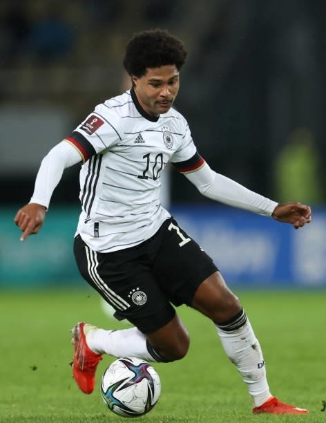 Serge Gnabry of Germany controls the ball during the 2022 FIFA World Cup Qualifier match between North Macedonia and Germany at National Arena Todor...