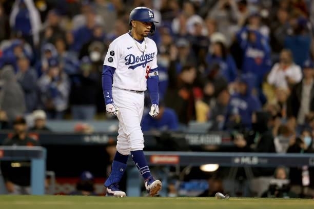Mookie Betts of the Los Angeles Dodgers reacts after a line out against the San Francisco Giants during the seventh inning in game 3 of the National...