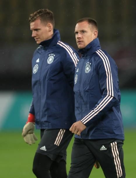 Goalkeepers Bernd Leno and Marc-Andre ter Stegen look on prior to the 2022 FIFA World Cup Qualifier match between North Macedonia and Germany at...