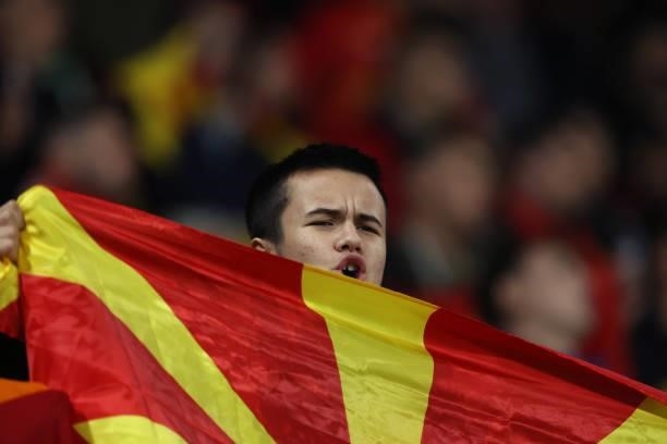 Fan of Macedonia sings the national anthem prior to the 2022 FIFA World Cup Qualifier match between North Macedonia and Germany at National Arena...