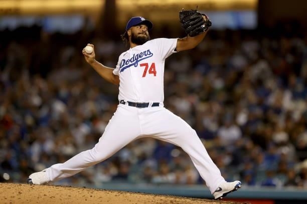 Kenley Jansen of the Los Angeles Dodgers pitches against the San Francisco Giants during the ninth inning in game 3 of the National League Division...