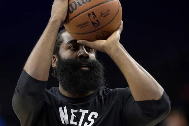 James Harden of the Brooklyn Nets warms up against the Philadelphia 76ers at the Wells Fargo Center on October 11, 2021 in Philadelphia,...