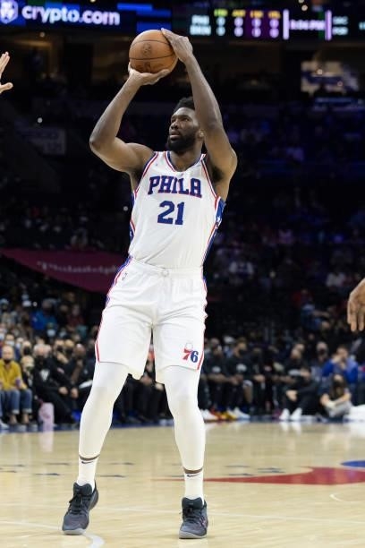 Joel Embiid of the Philadelphia 76ers shoots the ball against the Brooklyn Nets at the Wells Fargo Center on October 11, 2021 in Philadelphia,...