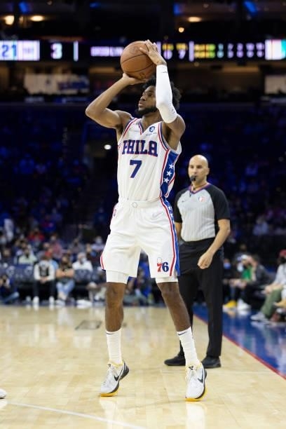 Isaiah Joe of the Philadelphia 76ers shoots the ball against the Brooklyn Nets at the Wells Fargo Center on October 11, 2021 in Philadelphia,...