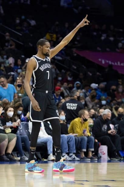 Kevin Durant of the Brooklyn Nets points against the Philadelphia 76ers at the Wells Fargo Center on October 11, 2021 in Philadelphia, Pennsylvania....