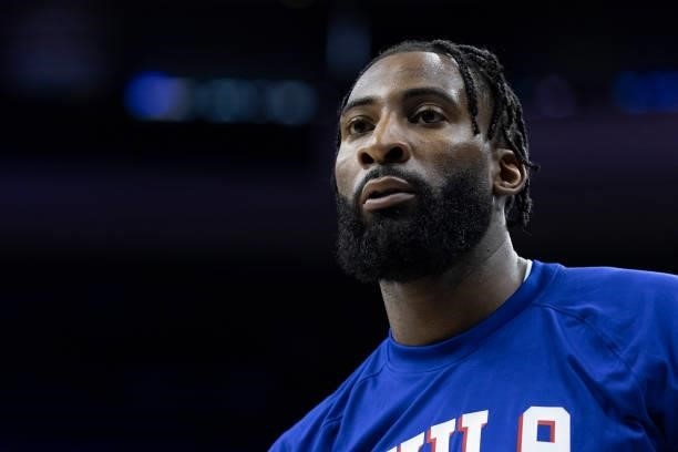 Andre Drummond of the Philadelphia 76ers looks on against the Brooklyn Nets at the Wells Fargo Center on October 11, 2021 in Philadelphia,...
