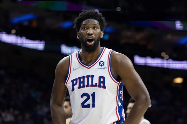 Joel Embiid of the Philadelphia 76ers reacts against the Brooklyn Nets at the Wells Fargo Center on October 11, 2021 in Philadelphia, Pennsylvania....