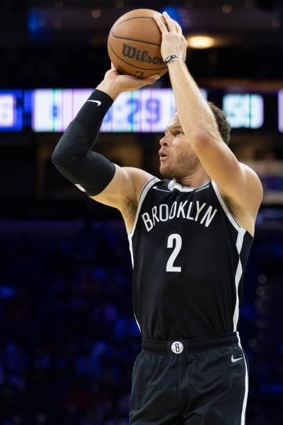 Blake Griffin of the Brooklyn Nets shoots the ball against the Philadelphia 76ers at the Wells Fargo Center on October 11, 2021 in Philadelphia,...