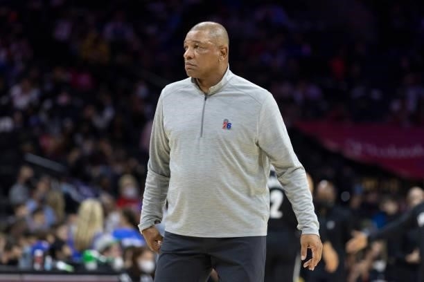 Head coach Doc Rivers of the Philadelphia 76ers looks on against the Brooklyn Nets at the Wells Fargo Center on October 11, 2021 in Philadelphia,...