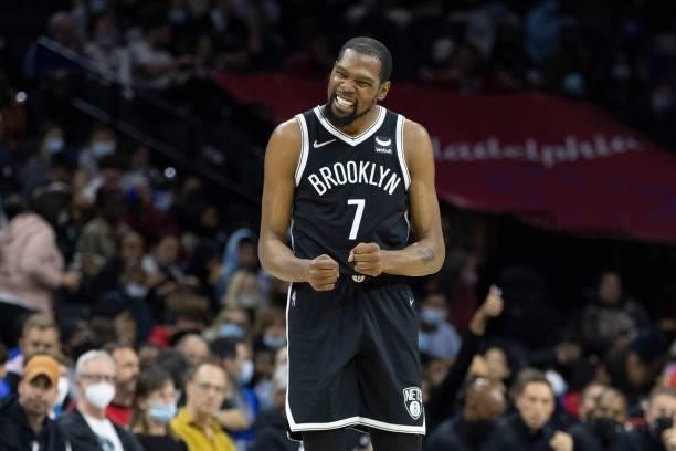 Kevin Durant of the Brooklyn Nets reacts against the Philadelphia 76ers at the Wells Fargo Center on October 11, 2021 in Philadelphia, Pennsylvania....
