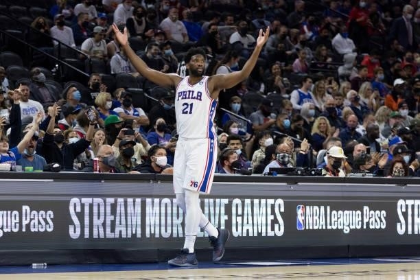 Joel Embiid of the Philadelphia 76ers reacts against the Brooklyn Nets at the Wells Fargo Center on October 11, 2021 in Philadelphia, Pennsylvania....
