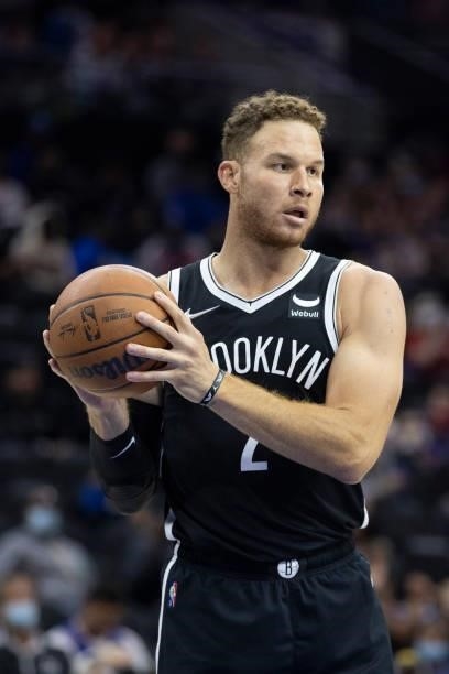 Blake Griffin of the Brooklyn Nets controls the ball against the Philadelphia 76ers at the Wells Fargo Center on October 11, 2021 in Philadelphia,...