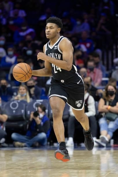 Cam Thomas of the Brooklyn Nets dribbles the ball against the Philadelphia 76ers at the Wells Fargo Center on October 11, 2021 in Philadelphia,...