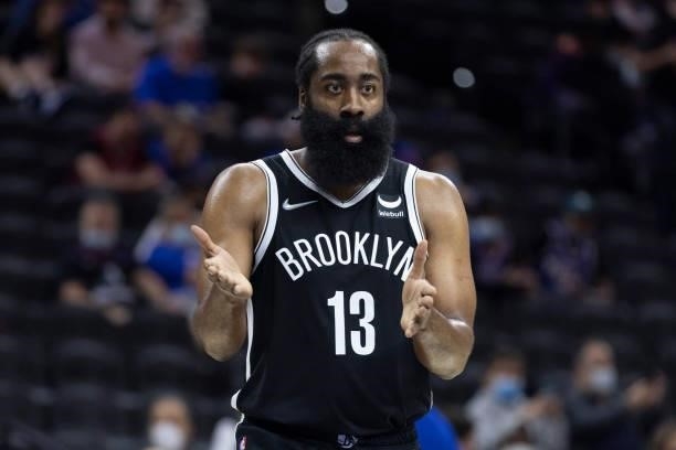 James Harden of the Brooklyn Nets reacts against the Philadelphia 76ers at the Wells Fargo Center on October 11, 2021 in Philadelphia, Pennsylvania....
