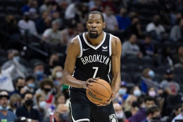 Kevin Durant of the Brooklyn Nets controls the ball against the Philadelphia 76ers at the Wells Fargo Center on October 11, 2021 in Philadelphia,...