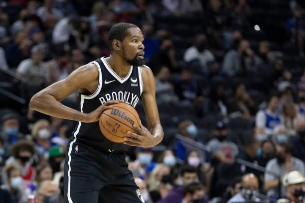 Kevin Durant of the Brooklyn Nets controls the ball against the Philadelphia 76ers at the Wells Fargo Center on October 11, 2021 in Philadelphia,...