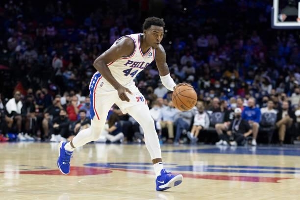 Paul Reed of the Philadelphia 76ers dribbles the ball against the Brooklyn Nets at the Wells Fargo Center on October 11, 2021 in Philadelphia,...