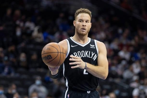 Blake Griffin of the Brooklyn Nets controls the ball against the Philadelphia 76ers at the Wells Fargo Center on October 11, 2021 in Philadelphia,...