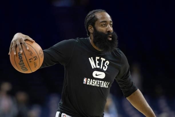 James Harden of the Brooklyn Nets warms up against the Philadelphia 76ers at the Wells Fargo Center on October 11, 2021 in Philadelphia,...