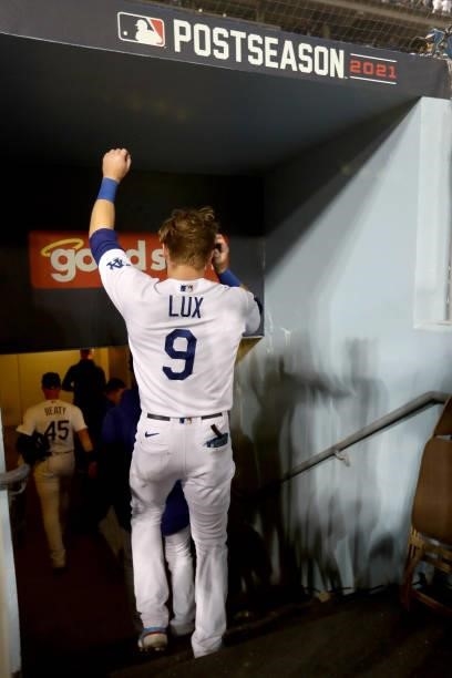 Gavin Lux of the Los Angeles Dodgers leaves the dugout after losing to San Francisco Giants 1-0 in game 3 of the National League Division Series at...